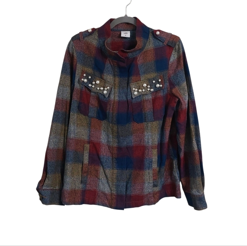 CAbi Red and Blue Plaid Utility Jacket with Embellished Pockets